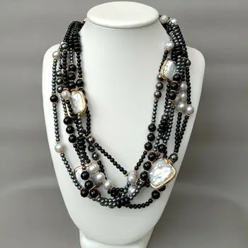 

21" 6 Strands White Keshi Pearl Onyx Hematite Necklace