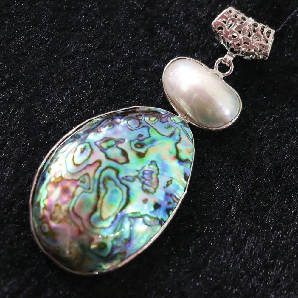 Hot sale natural abalone pearl large big oval pendant charms chain ...