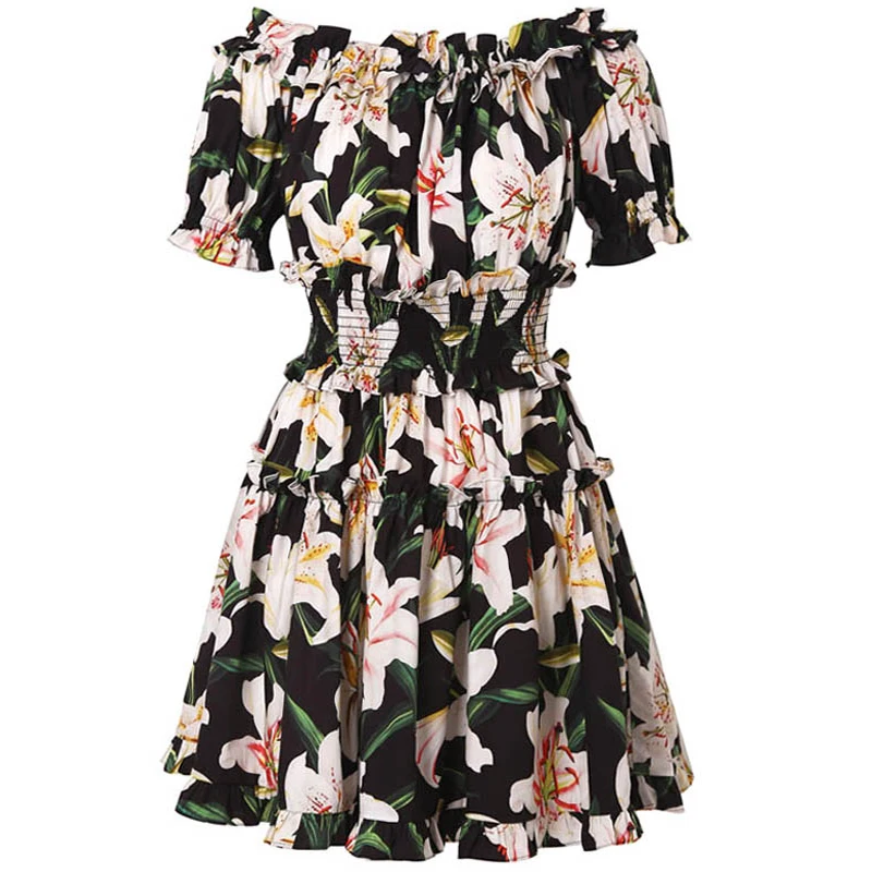 

Red RoosaRosee Summer Runway Sexy Slash Neck Off Shoulder Floral Print Mini Cotton Dresses Women Party Beach Vestidos Robe Femme