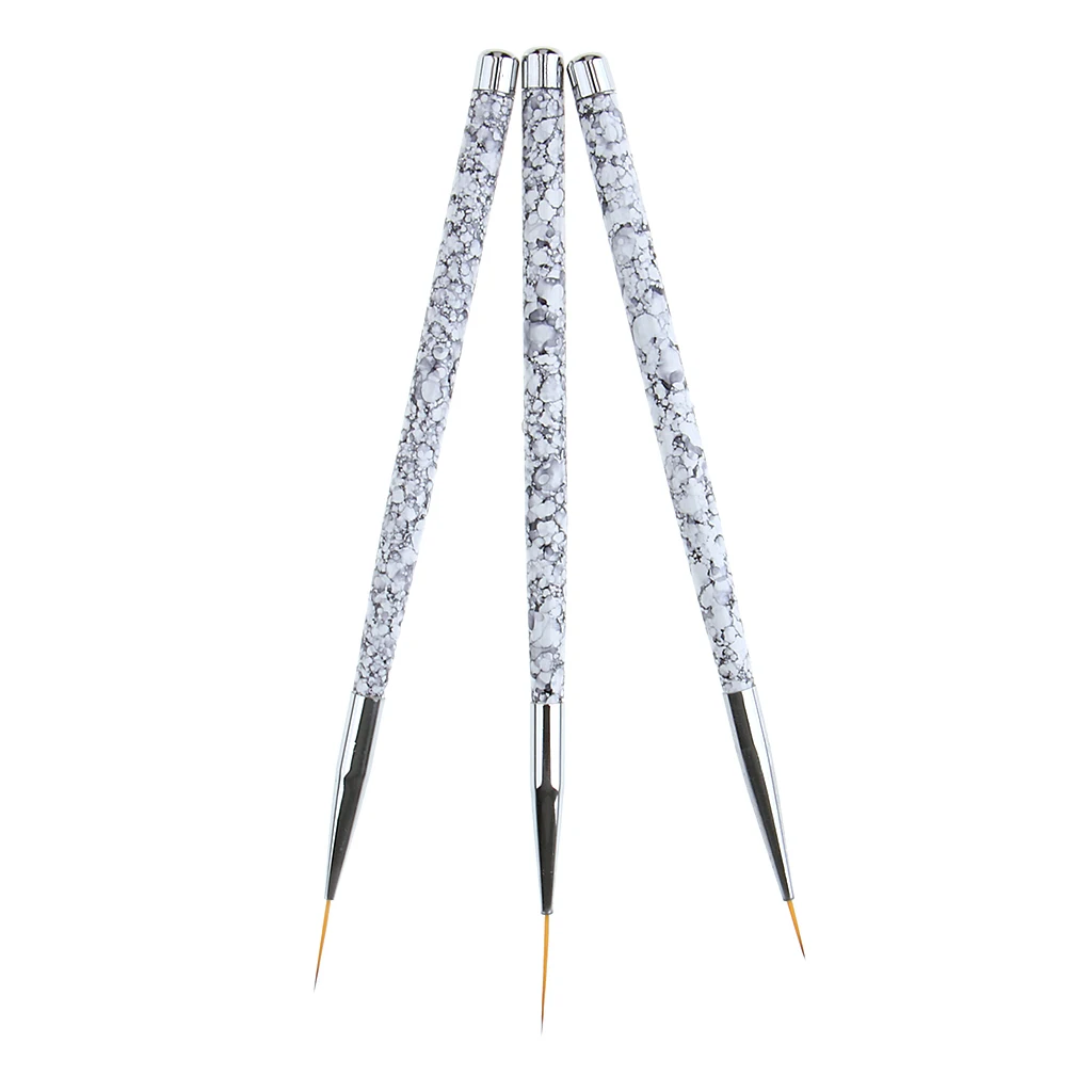 3Pcs Nail Art Liner Brush Pen Set (11/15/20mm) Marble Pattern Handle Salon Nail Fine Drawing Flower Painting Brushes
