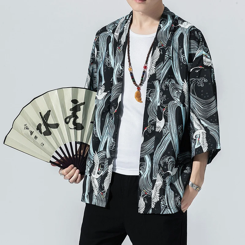 Оригинальные мужские кимоно в японском стиле, кардиган, рубашка, пальто, традиционная свободная модная повседневная тонкая куртка с принтом, летняя верхняя одежда