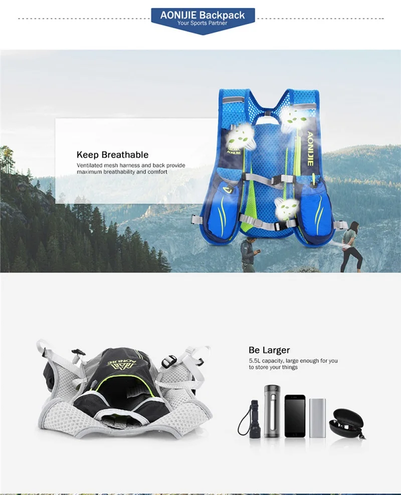 AONIJIE спортивная сумка На открытом воздухе, 5,5л, жилет для бега, сумка для гидратации воды, рюкзак для кемпинга, рюкзаки с 2 шт 250 мл бутылками