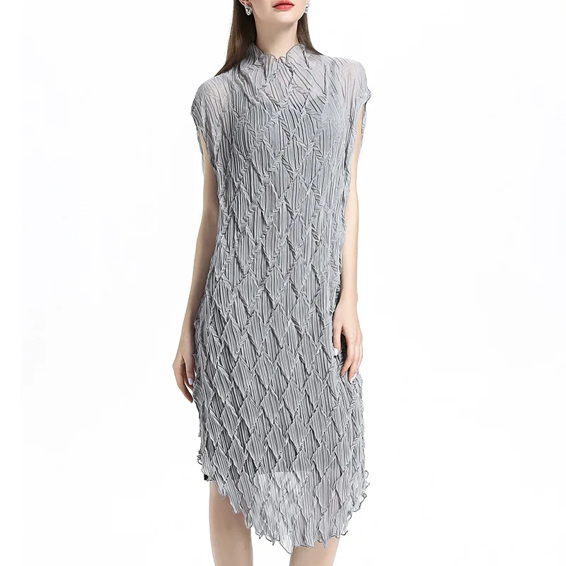 

LANMREM Solid Color Stand Collar Short-sleeved Plaid Fold Dress Two-piece Casual Fashion Loose Plus Women 2019 Autumn New TC921
