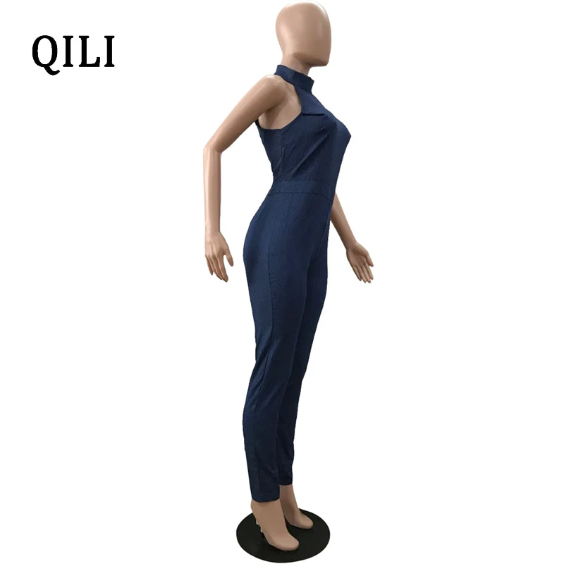 QILI Women Denim Jumpsuits Romper Sleeveless Rear Zipper Casual Jumpsuit Summer Women Elegant Skinny Long Pants Overalls