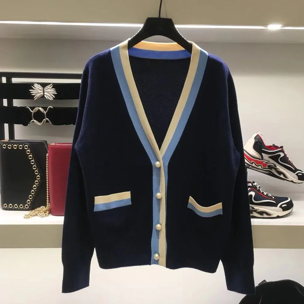 

Spring 2019 New Small Fragrance Coloured V-collar Embroidered Pearl Button Knitted Cardigan Sweater V-Neck Sweater Women