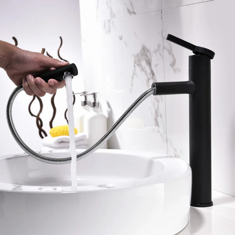 

pull out type rotating black bathroom basin faucet hot and cold water tap of the basin that wash a face to wash your hands