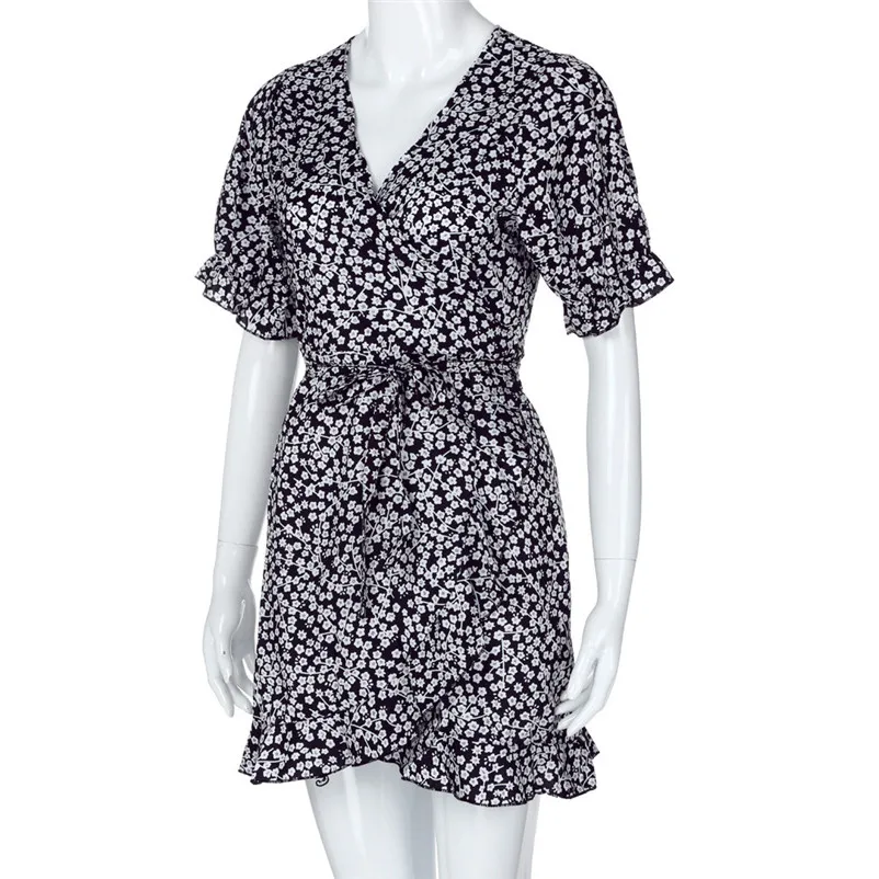 HOT summer dress 2018 beach dressWomen Floral Printed Short Sleeve V-Neck Summer Dress Beach Ruffled Skirt vestidos J19#N (3)
