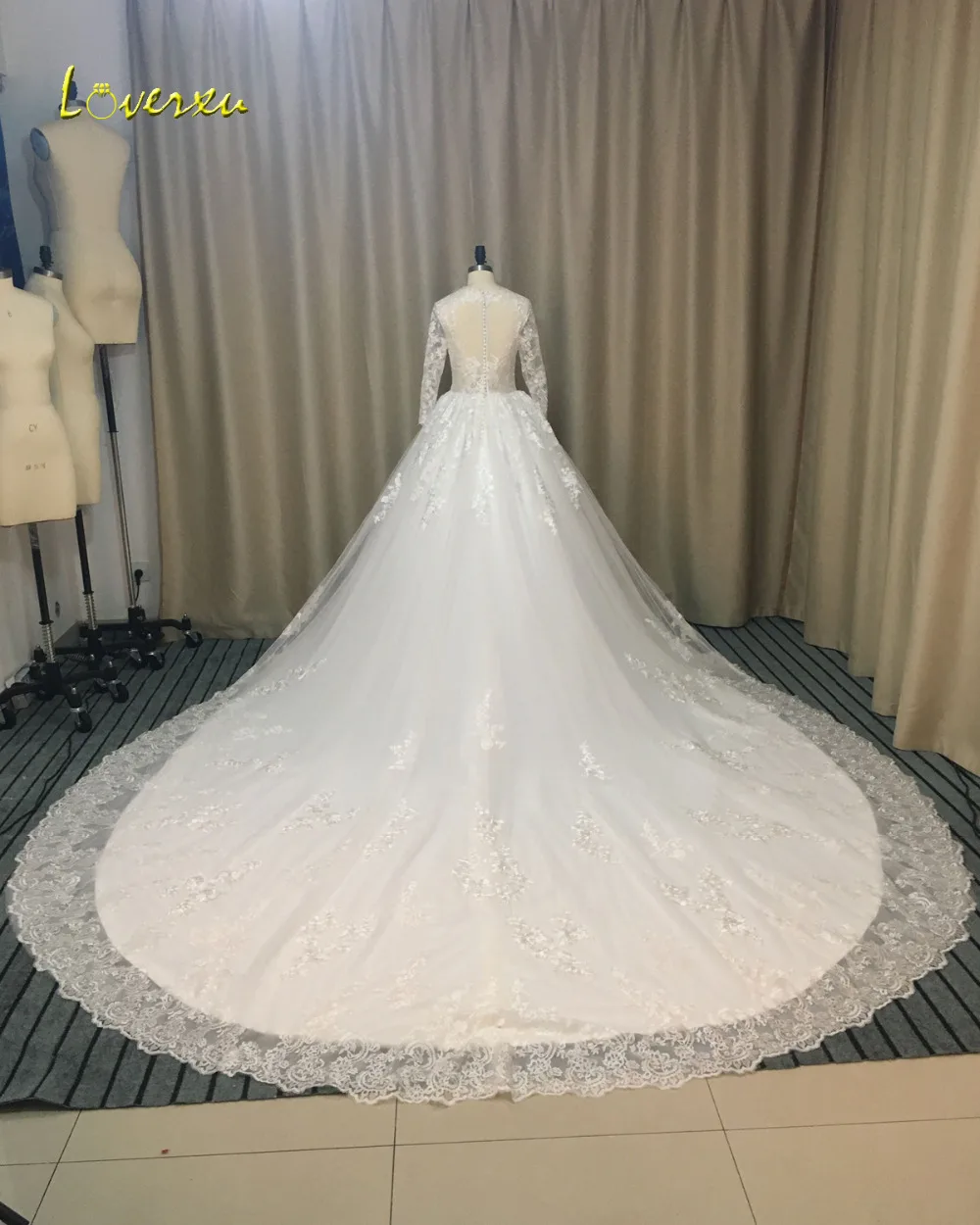 Loverxu Vestido De Noiva, сексуальные королевские свадебные платья,, с длинными рукавами, с аппликацией, ТРАПЕЦИЕВИДНОЕ кружевное свадебное платье, большие размеры