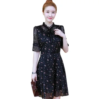 

2018Summer Fashion Ladies plus size pinched waist floral chiffon dress stand collar cultivating Casual vestido tunics L-XXXXXL