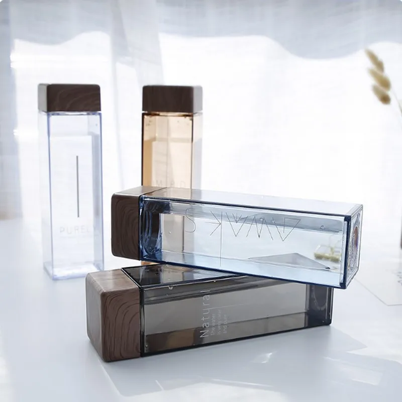 

Square Tea Coffee mugs Tumbler Juice Drink Box With Wood Lid Cover cups Plastic travel milk mug Leak-proof