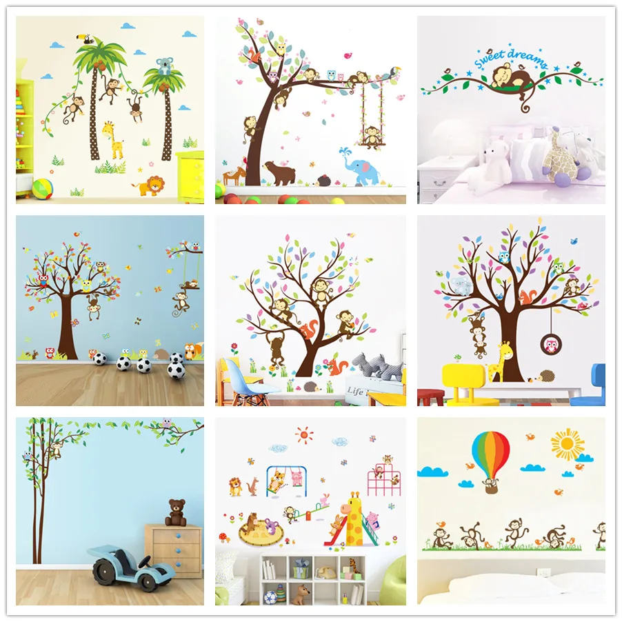 

& Forest Animals Tree wall stickers for kids room Monkey owl Jungle wild Children Wall Decal Nursery Bedroom Decor Poster Mural