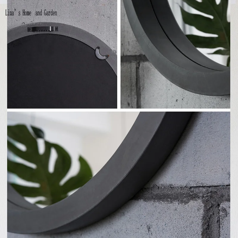 cement alike antique round wooden framed wall mirror (4)