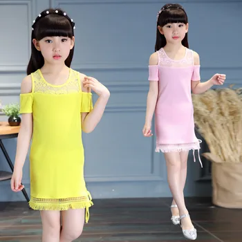 

Children's Wear New Summer Korean Pure Color Fresh Strapless Girls Silk Dress Lace Tassel Pink Yellow