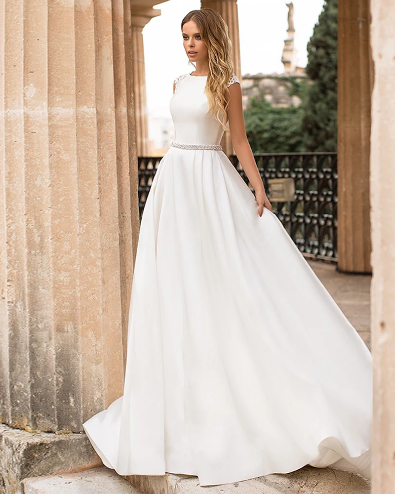 

Trouwjurken Simple Satin Wedding Dresses Pearls Waist Luxury Vestido de Noiva Princesa Backless Robe de Mariage Bridal Gown