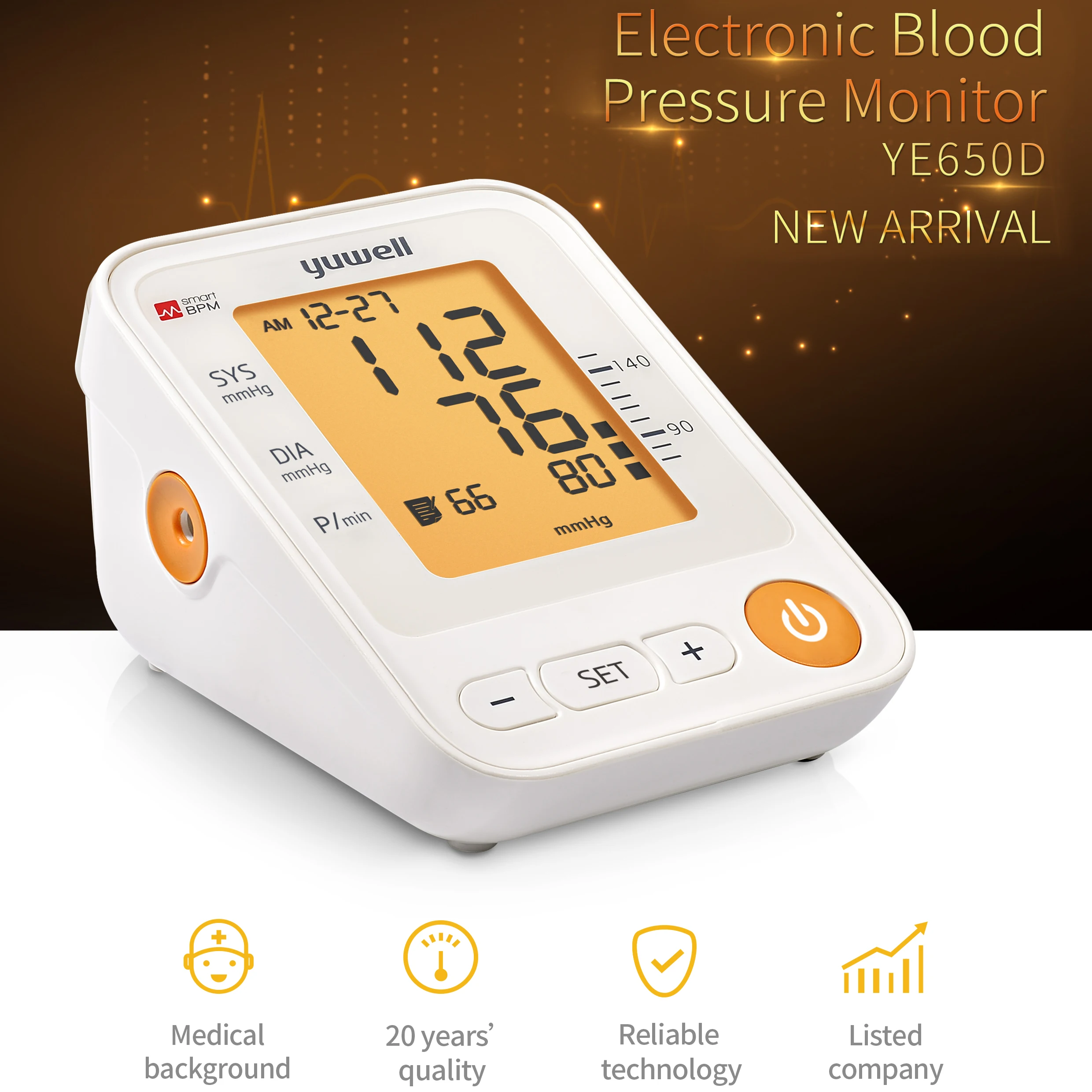 Yuwell YE650D Монитор артериального давления, ЖК-цифровой датчик частоты сердечных сокращений, измерение Автоматический монитор, оборудование для домашнего здоровья
