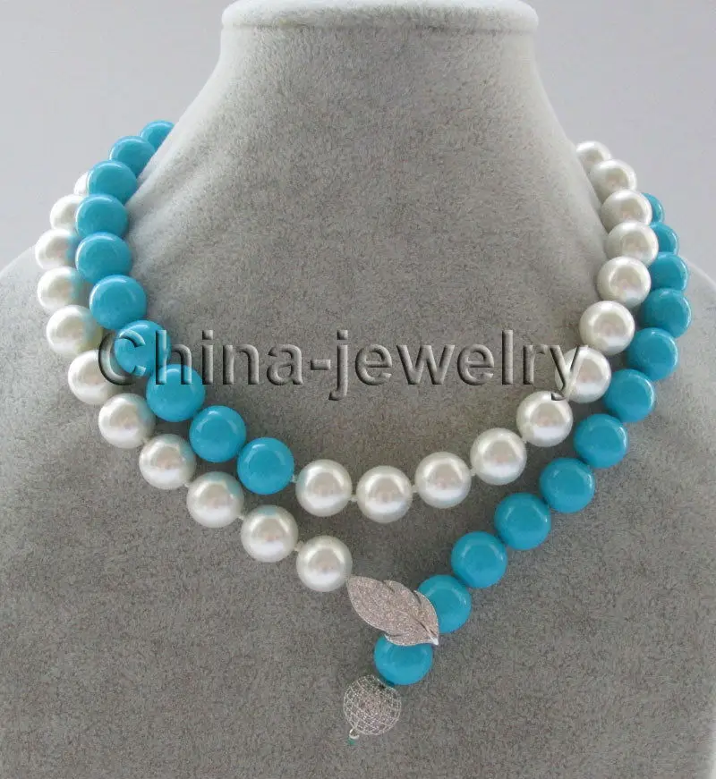 

FREE SHIPPING HOT sell new Style >>>> 35" 12mm round white & blue ( turquoise color ) south sea shell pearl necklace