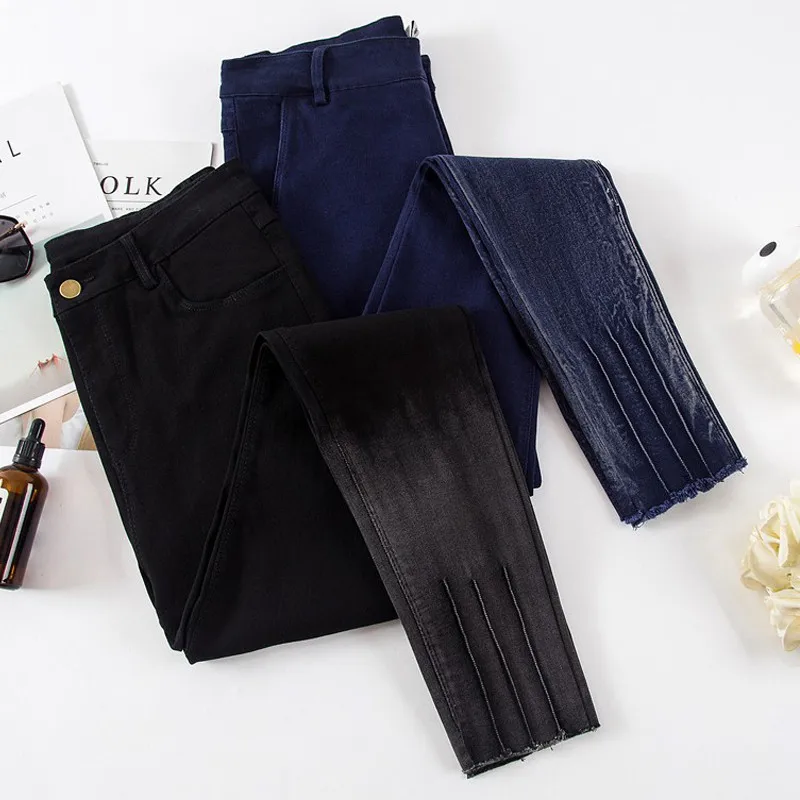Стрейчевые джинсы размера плюс 4XL с высокой талией, Женские панталоны, винтажные узкие брюки, длинные брюки, женские черные обтягивающие джинсы C4194