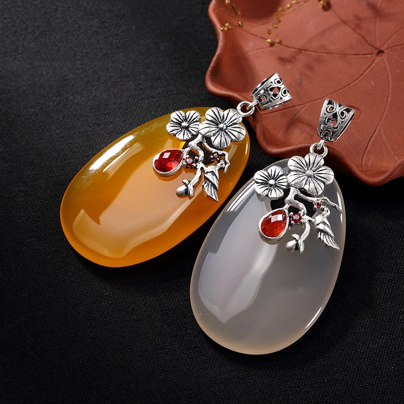 

925 Sterling Silver Charms Chalcedony Natural Stone Pendant For Women Fit Pendant Necklace Suspension HP017