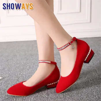 

Sweet Women Pumps Low Square Block Heels Black Flock Pleuche Pointed Toe Casual Office Rhinestone Ankle Strap Sexy Ladies Shoes