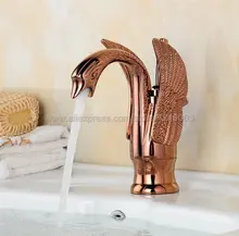 Rose Gold Design Swan Bathroom Vanity Vessel Sinks Mixer Bathroom Basin Sink Faucet Tap Cold And Hot Water Tap Kgf050 bathroom basin faucets jade gold washbasin tall taps faucet vanity vessel sink mixer cold and hot water bathroom basin tap mixer