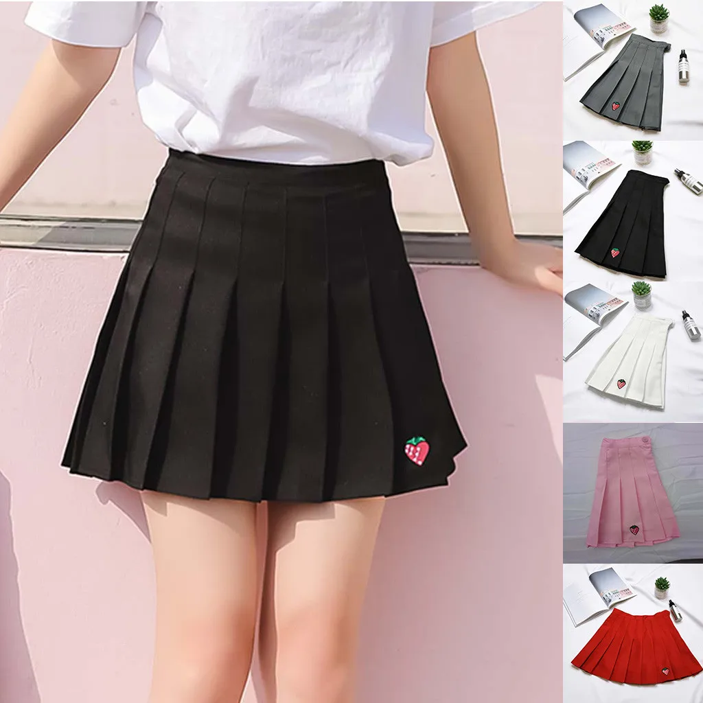 Women Pleated Skirt Girl School Uniform Skirt Solid High Waist Mini Skirts Ladies Casual Strawberry Pleated Mini Skirts#626