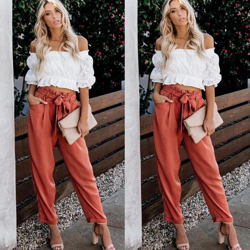 

England Style Women Pants Lace Design High Waist Solid Color Cross-pants Pocket Decor Office Ladies Pleated Slim Belt Trousers