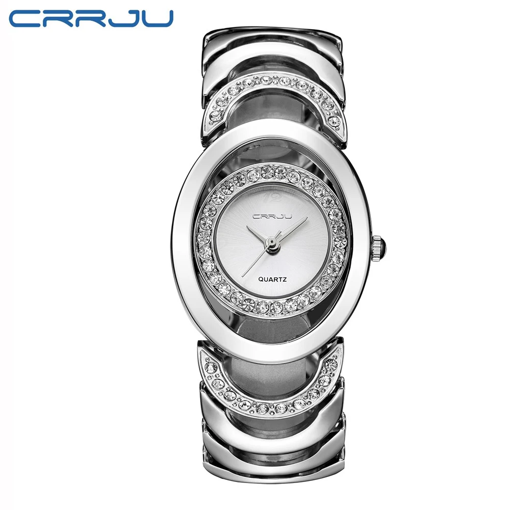 

CRRJU Rhinestone Women Watches New Fashion Steel Silver Quartz Watch Lady Dress Casual Bracelet Quartz-Watch Wristwatch Relojes