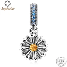 Призывающий ангелов 925 пробы серебро желтая Маргаритка цветок серьги кулон бусины, цвета: голубой циркониевые Амулеты Браслет fit& Цепочки и ожерелья, сделай сам, ювелирное изделие