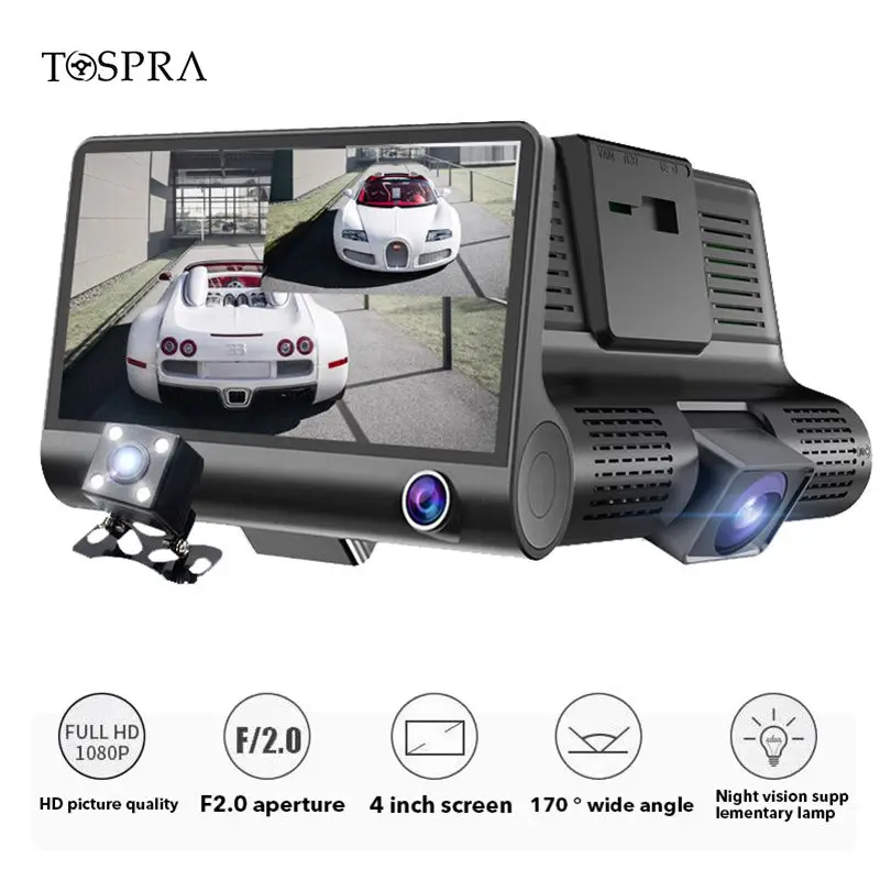 R$101.3 35% de desconto|Tospra carro dvr 2/3 câmeras lente 4 Polegada câmera do traço registrador automático dvrs traço cam lente dupla com câmera retrovisor gravador de vídeo-in DVR/Câmera Dash from Automóveis e motos on AliExpress 