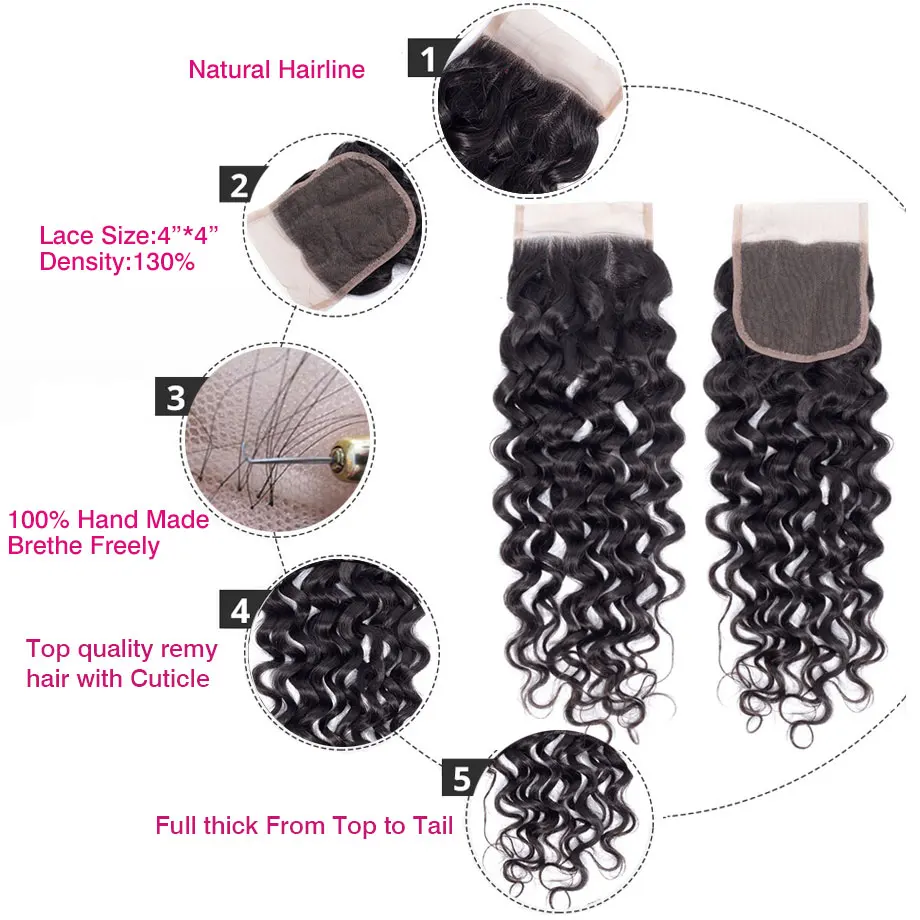 

Jarin Brazilian Human Hair Water Wave Closure Hand Tied Lace Closure 4*4 Inch 130% Density Medium Brown Free Shipping 8-22" Remy