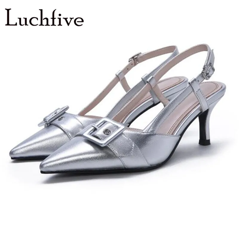 

Sexy Ankle Buckle Strap Kitten Heels Women Sandals Genuine Leather Pointy Toe Silver Slingbacks Hot Shallow Summer Shoes Woman