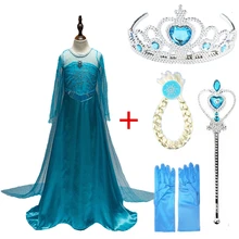 Платья Диснея из мультфильма «Холодное сердце» для девочек; костюм Эльзы и Анны с аксессуарами для волос; комплект из голубого кружева с длинными рукавами; детское платье для костюмированной вечеринки с блестками