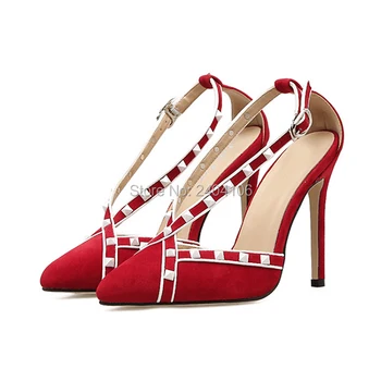 

Shooegle Fashion New Designer Womens Buckled Shoes Slip On Cross Strap Pointed Toe Stiletto Suede Pumps Rivet Studded High Heels