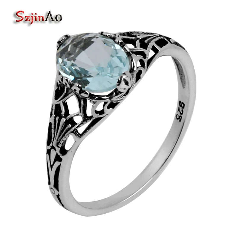 

Szjinao Fine Jewelry Wholesale Sales Fashion Flowers Edwardian Wedding Band Blue Aquamarine Women 925 Sterling Silver Ring