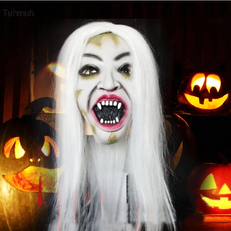 

Tuhmuh Latex Grimace White Hair Scary Mask Adult Ghost Party Wacky Cosplay Terror Full Face for Halloween Props