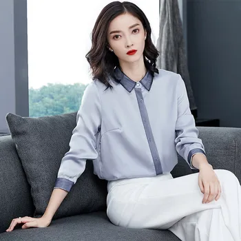 

2020 Autumn New Chiffon Blouse Long Sleeve Gauze Mesh Stitching Leisure Chiffon Shirt