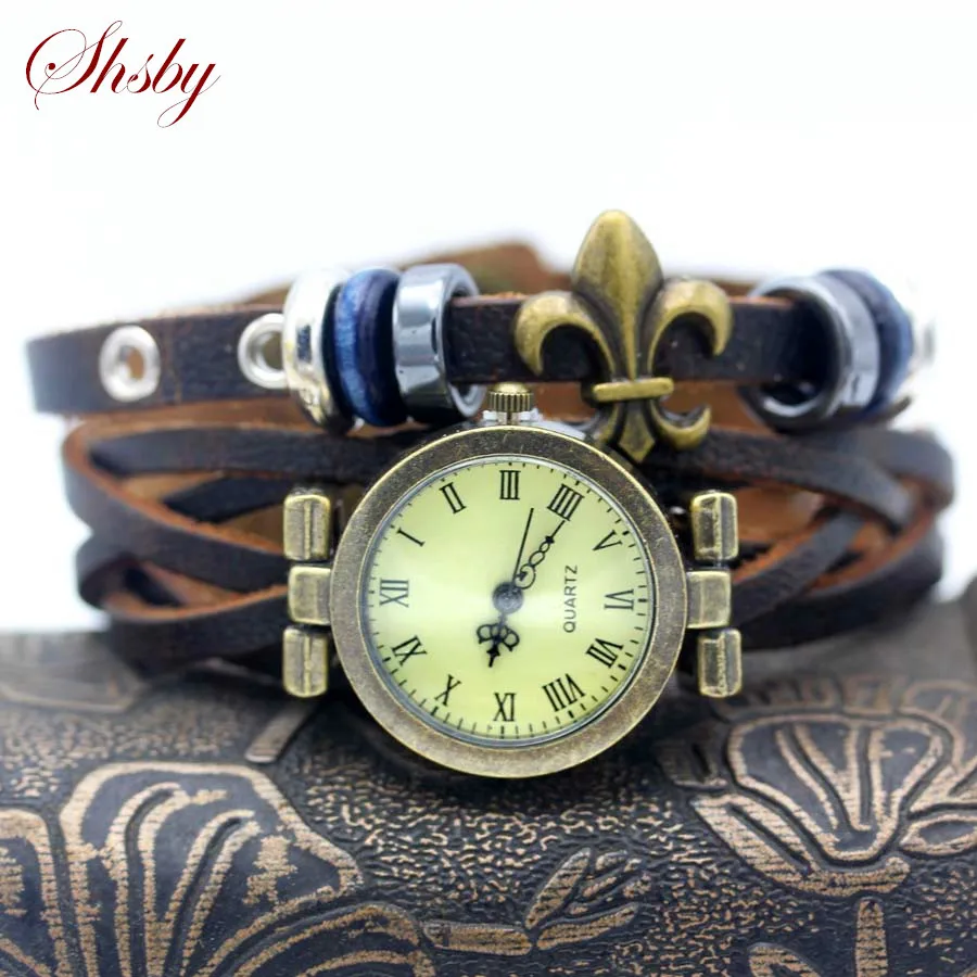 

shsby New unisex ROMA vintage watch Real leather strap bracelet watches Punk beads women dress watches brown female wristwatch