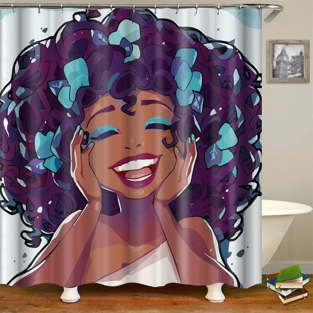 

Afro Girl Shower Curtain Black Art Polyester Fabric Waterproof Mildew Resistant Bathroom Shower Curtains with Gift
