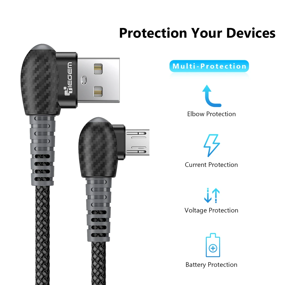 TIEGEM Micro USB кабель 2.4A кабель для быстрой зарядки 90 градусов мобильный телефон USB кабель для samsung Xiaomi huawei Android 0,3 м 1 м 2 м