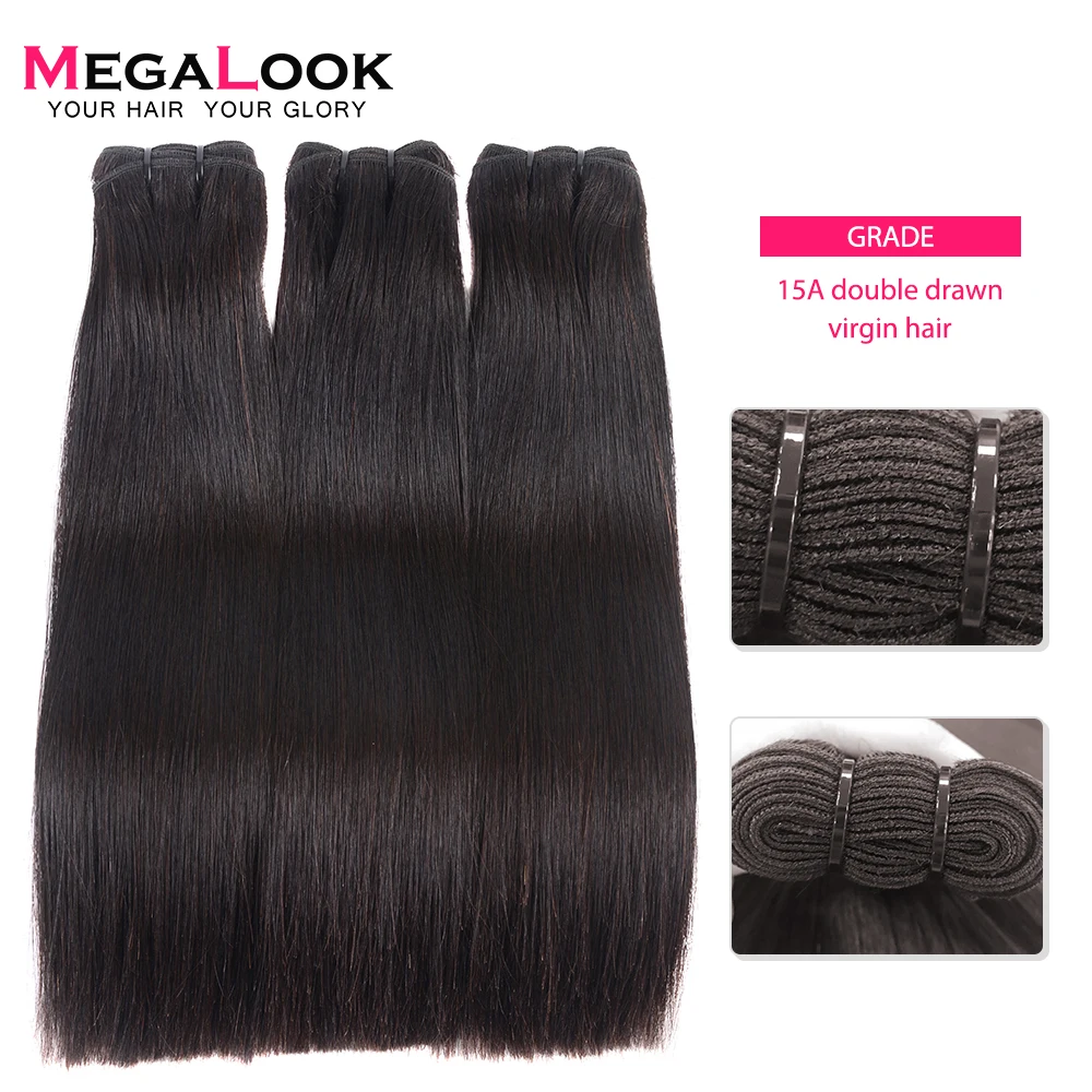 Super Double Drawn Hair Brazilian Raw Virgin Unprocessed Straight Human Hair Bundles with Closure 100% Hair Weave Megalook