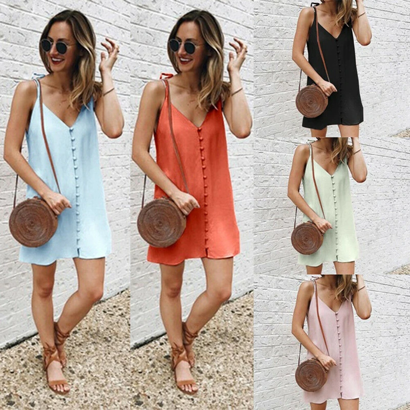 

Fashion Womens Holiday Strappy Button Ladies V Neck Solid Casual Summer Beach Casual Mini Swing Sun Dress