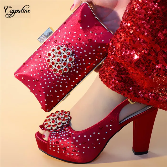 

Pretty wine weddding/party high heel sandal shoes with evening handbag set with shinning rhinestones S637 heel height 11cm