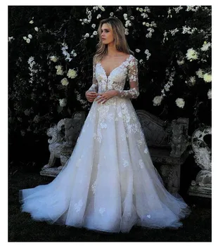 

Elegant Wedding Dress 3D Flowers Long Sleeves Vestidos de novia Bride Dresses Vintage Lace Appliques Backless Wedding Gowns
