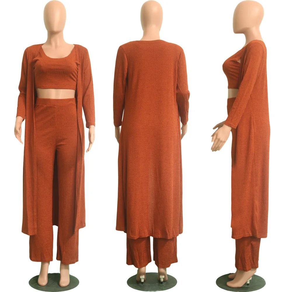 Популярный дизайн, комплект из 3 предметов, женский укороченный топ со штанами и длинным тренчем, женские комплекты