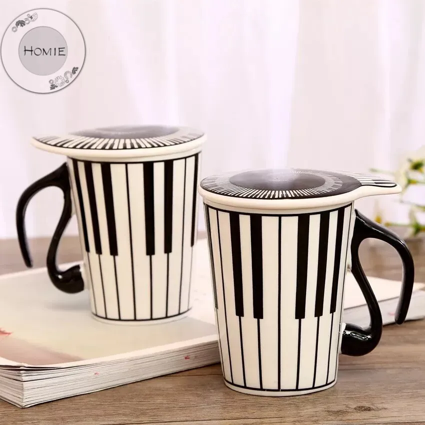 HOMIE Creative Unique handle ceramic cup free spectrum coffee milk tea cup personality mug with Cup lid musical instrument gift