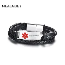 Meaeguet медицинский браслет для мужчин из натуральной кожи с гравировкой диабет эпилепсия Русский Испанский Португальский