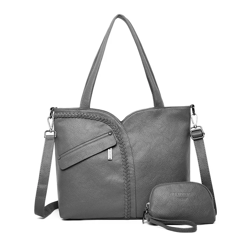 Большая вместительная мягкая кожаная сумка на плечо, женские большие кошельки и сумки, женская черная фиолетовая темно-синяя Повседневная Сумка-тоут, женская сумочка - Цвет: gray