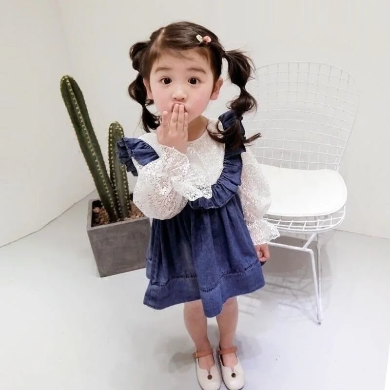 2019 Spring Autumn Long Sleeve Girls Princess Lace Dress Ruffles Baby Toddler Kids Dresses for Girl Child Denim Clothes JW4434 | Детская