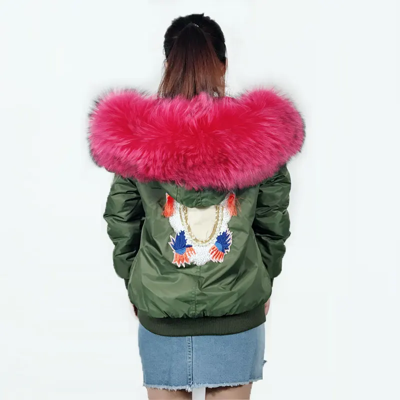 Bombardiers Armée L'intérieur Manteau D'hiver Bomber Fourrure Motif Artificielle Avec Rose À Veste Vert Grand Col Femmes dxCBoer