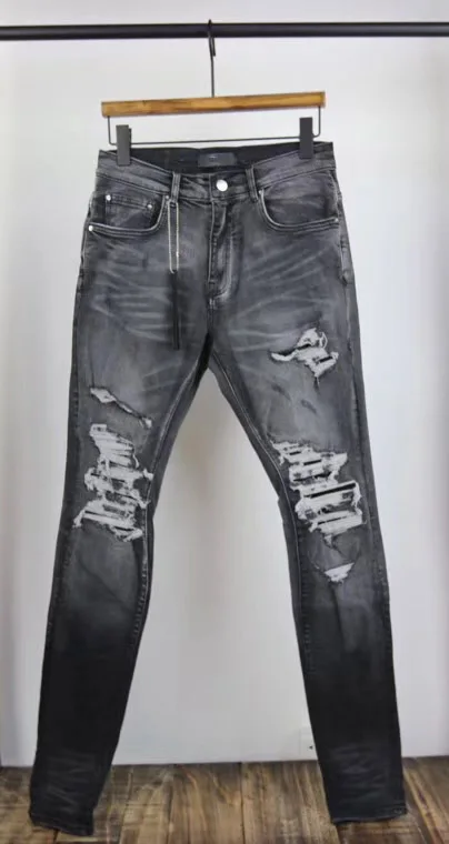 

Men Stretchy Skinny Leather ribbed patch distressed DK grey jean